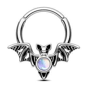 Oufer 16G Halloween Vintage Bat With Moonstone Clicker Septum Jewelry