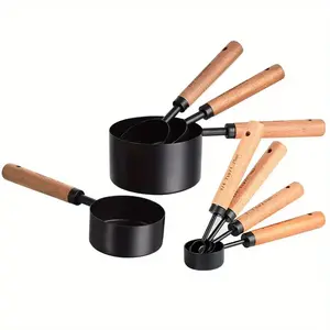 8-Piece Stainless Steel Measuring Cups & Spoons Set, Gold with Non-Slip Wooden Handles, Metric & American Measurements, Sturdy Black Measuring Cup & Measuring Spoon Utensils for Home Chefs