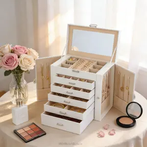 6-Tier Large Jewelry Box Organizer with Lock, Lining & Built-in Mirror, Minimalist Jewelry Storage Case with Double Side Doors, Gift for WomenDD16MunchMingle