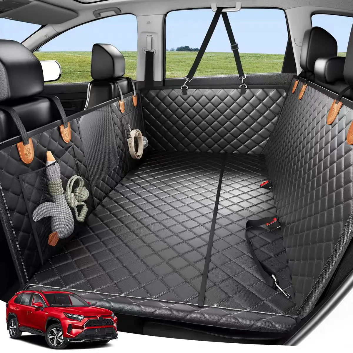 Back Seat Extender for Dogs,Hard Bottom Car Seat Cover for Back Seat,Holds 400Ibs Heavy Duty 600D Waterproof Dog Hammock with Mesh Window,Backseat Pet Cover for Car/SUV
