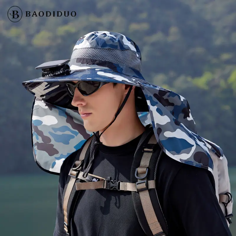 Solar Fan Sun Hat for Men Women, 360° Neck Flap Wide Brim Fishing Hat, UPF 50+ Waterproof Cooling Bucket Hat for Outdoor Hiking Camping Gardening