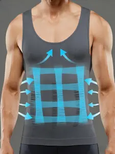 1 Count Men Shaping Vest Gynecomastia Compression Shirts, Boy Vests, Tummy Control Shapewear Tops, Men's Comfortable Soft Corset, Plain Round Neck Tank Top, Underwear, Moobs Undershirt Body Shaper Sport Vest For Workout, Athletic Training Apparel