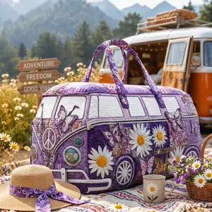 Purple Butterfly Daisy Quilted Duffel Bag for Women, Retro Hippie Van Weekender Travel Bag, Large Capacity Overnight Tote, Boho Floral Gym Bag for Camping, Road Trips, Vacation & Weekend Getaways