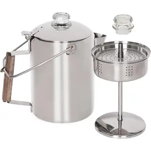 Percolator Coffee Pot Campfire Coffee Boiler Kettle 304 Stainless Steel with Wood Handle for Outdoor Camping Cookware, Cabin, RV, Kitchen, Hunting & Backpacking, NO Aluminum or Plastic 9 Cup