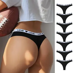 HOTCOM 7-Pack Women's Black Minimalist Thong Panties | LOVE Heart Color-Block Waisted Waistband, Cotton High Stretch Seamless Fabric, Ultra Soft Comfortable & Breathable Hip Design, Must-Have Bridal Womenswear for Everyday & Date Wear, S-XL