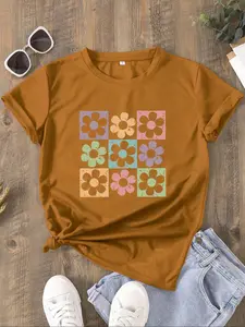 Women's Floral Print Round Neck Tee, Casual Short Sleeve T-shirt for Daily Wear, Ladies All Seasons Tops