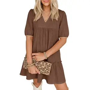 Dokotoo Summer Dresses for Women Casual V Neck Puff Short Sleeve Ruffled Solid Cute Babydoll Mini Dress with Pockets