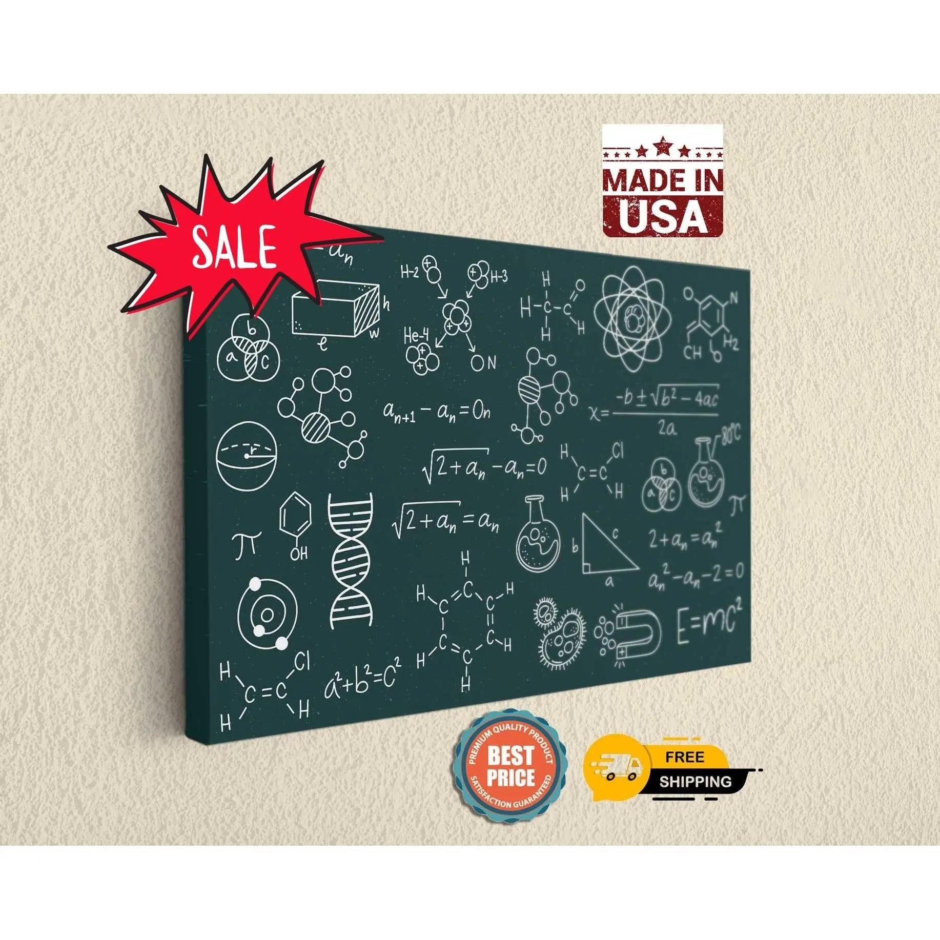Hand-drawn Physics and Chemistry Equations Formulas on Chalkboard Canvas Prints, Educational Art for Wall Decor