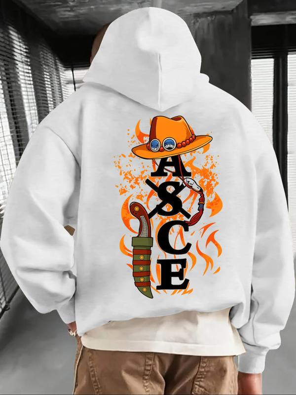One Piece Anime Graphic Oversized Streetwear Hoodie for Men, Comfortable Casual Pullover with Flame Print for Otaku & Street Fashion Enthusiasts