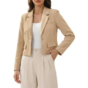 Allegra K Women Lapel Collar Cropped Long Sleeve Business Office Jacket Blazer Medium Khaki