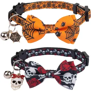 Halloween Cat Collars with Bow Bell, Breakaway Kitten Bowtie Collar Spider Web Skull Halloween Collars for Girl Boy Cats Kittens