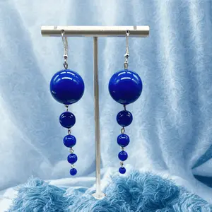 Blue 5 Tiered Drop Earrings - Elegant Design with Blue Beads and Silver Hoops