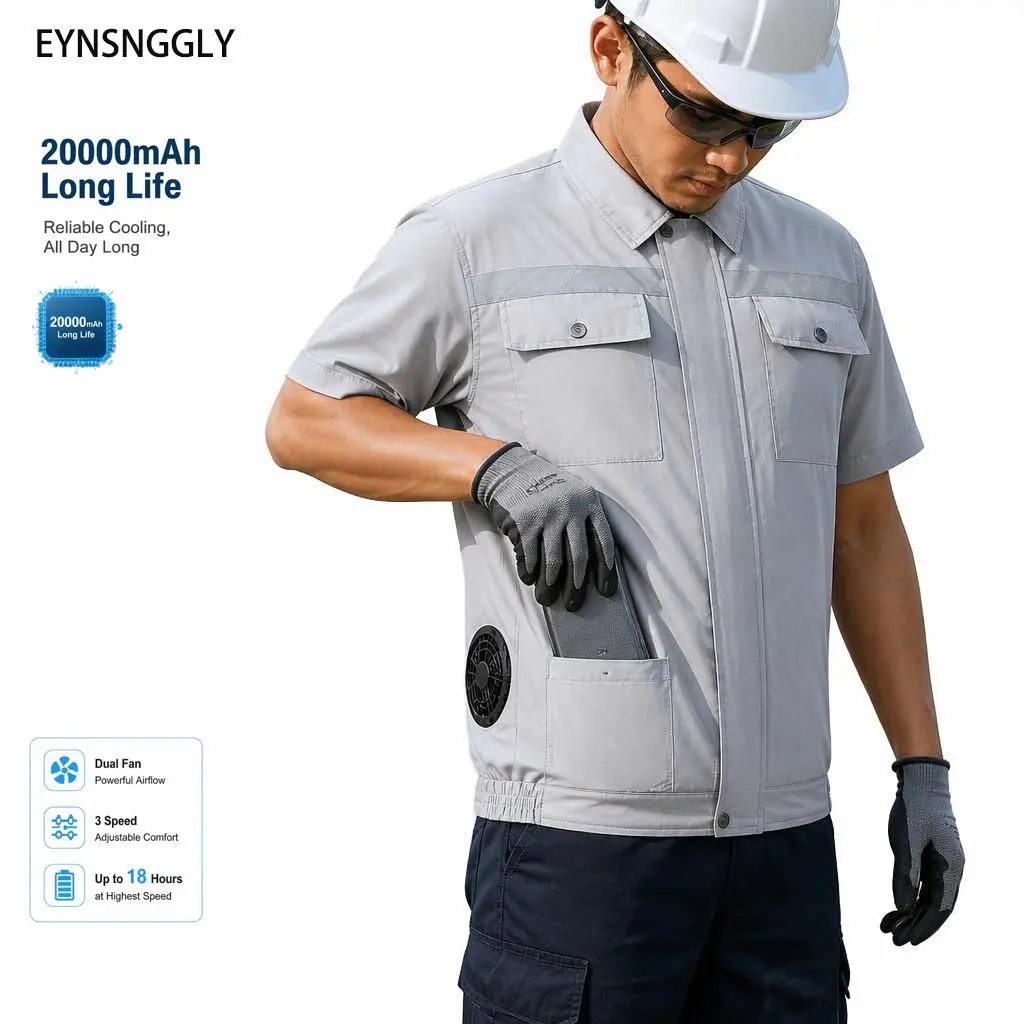 EYNSNGGLY 2-Pack Unisex V-Neck Sleeveless Dual Fan Cooling Waistcoat Tops - 12000RPM Fans, 20000mAh Battery, 18H Battery Life, Beige Work Vests for Delivery Work, Factory Tasks