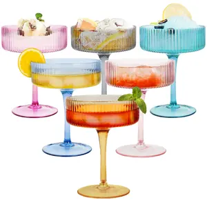 6-Piece 210ml Rainbow Stripes Retro Coupe Crystal Glass Set, Colored Vintage Drinkware for Party, Home Use