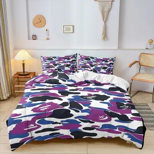 Hipster Camouflage Print Duvet Cover Set, One Duvet Cover and 1/2 Coreless Pillowcase with Bape'S Iconic Ape Head Silhouette, Soft and Comfortable Bedding Set for All Seasons