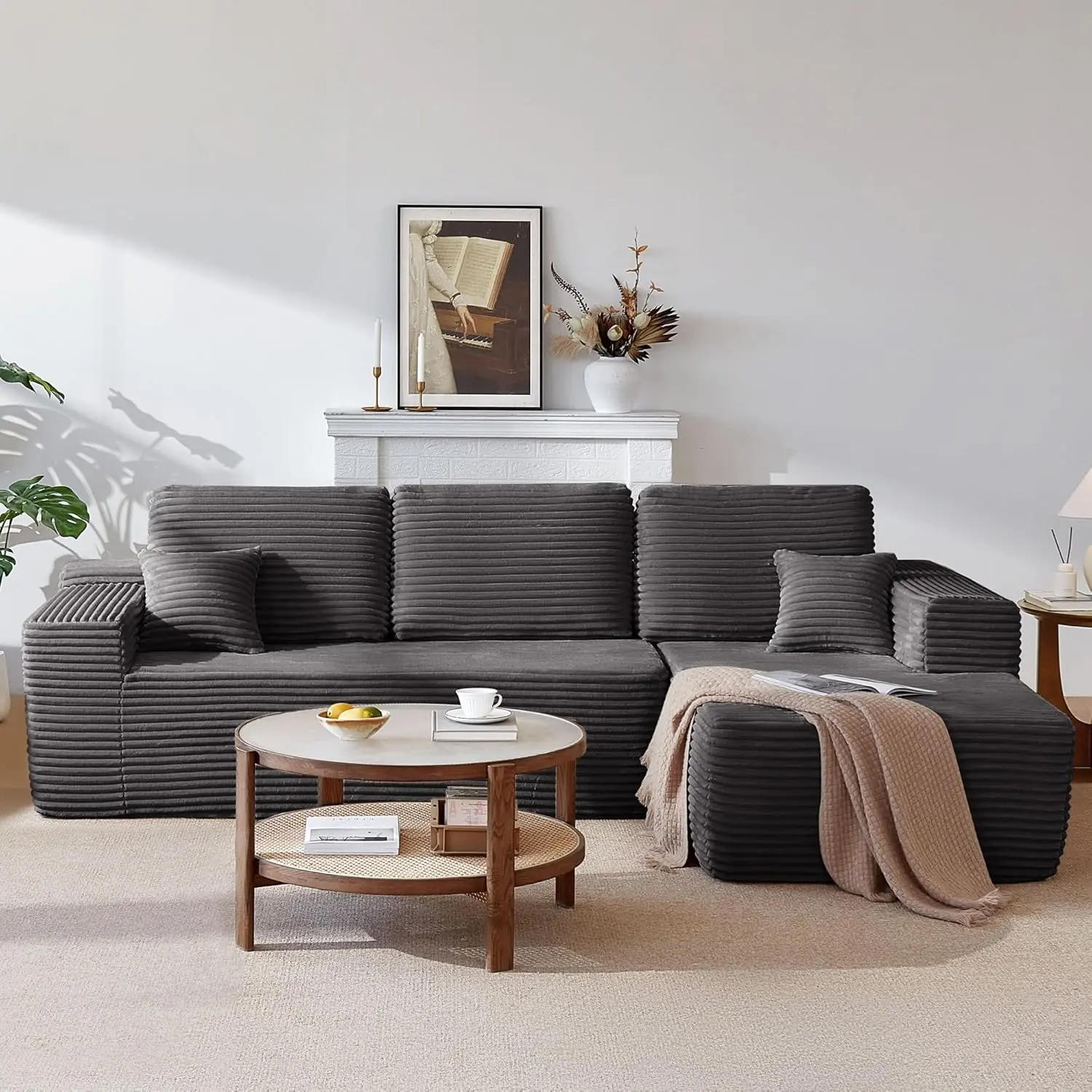 104" Cloud Sectional Sofa Couch with L-Shape Chaise, Modern Modular Sofa with Deep Seat, Upholstered Couches for Living Room,No Assembly Required,(Plush Corduroy Fabric),Grey