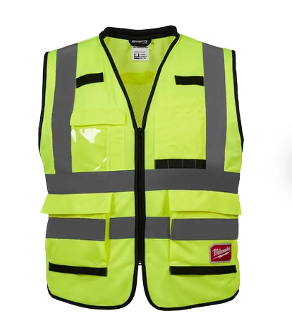 Milwaukee 48-73-5082 L/XL ANSI Type R Class 2 High Visibility Vest, 600D Tear-Resistant High Vis Yellow Performance Safety Gear with 15 Pockets, Adjustable Fit
