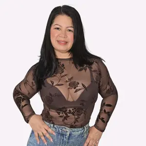 Elegant Brown Mesh Top with Floral Embroidery Long Sleeve Sheer Blouse for Women