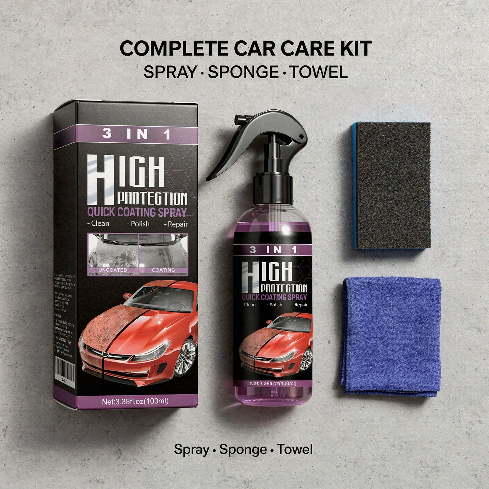 3-in-1 Car Cleaning & Polish Spray, Automotive Exterior Surface Care, Quick Coating Spray with Sponge & Microfiber Towel, 100ml