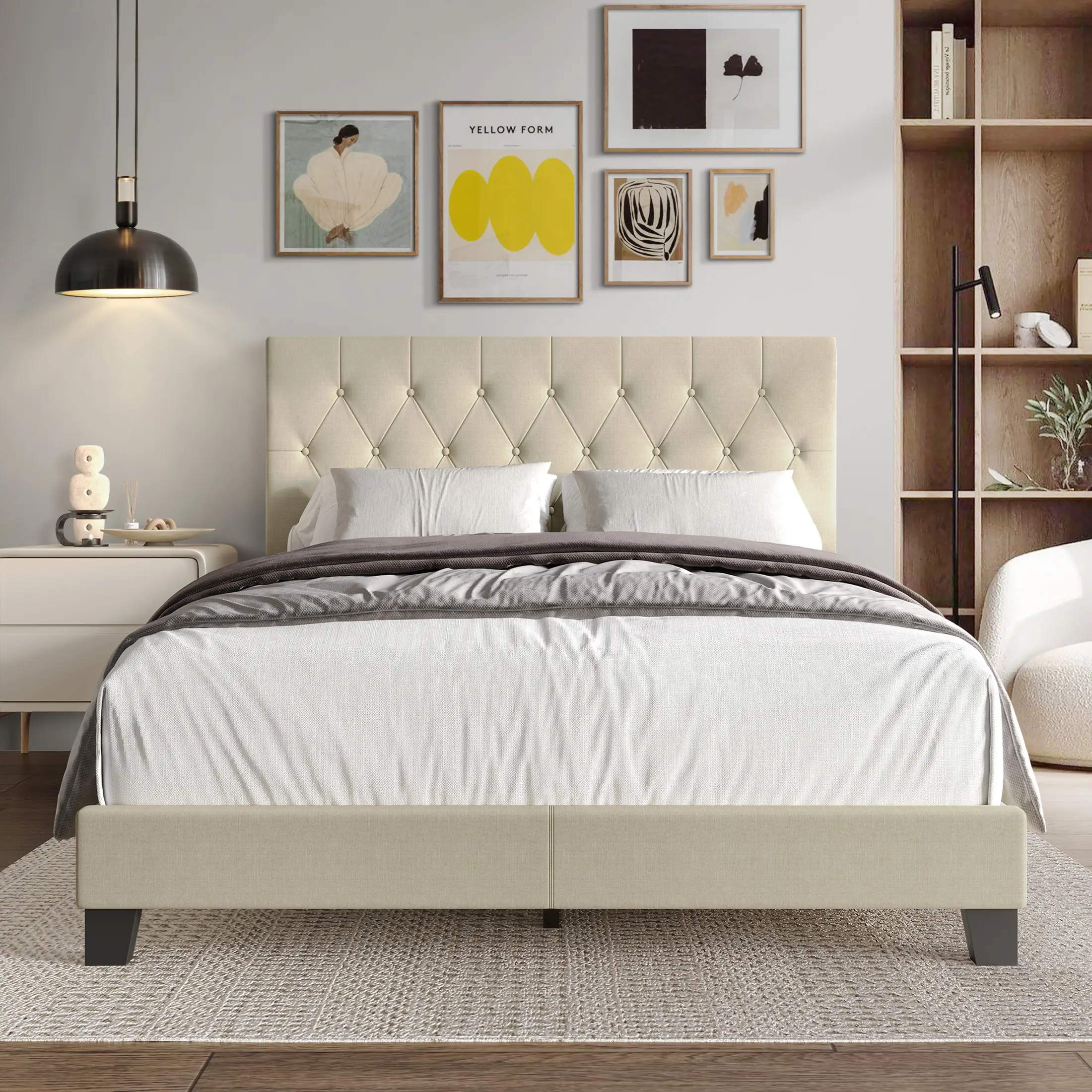 Rainsville Button Tufted Linen Upholstered Bed - Elegant Design for Modern Bedrooms, Durable Construction, Minimalist Style
