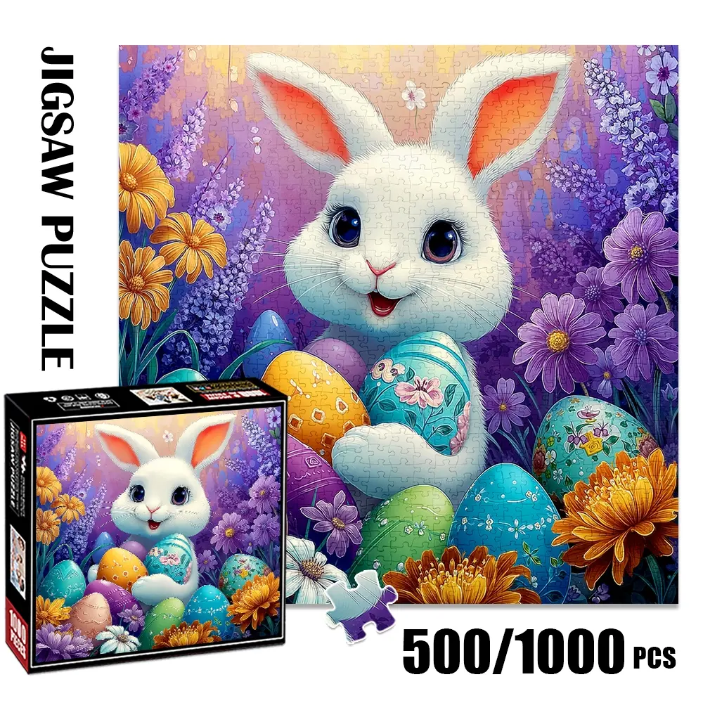 1pc 1000 piece adult puzzle 58x58cm Easter Bunny with Colorful Eggs and Flowers 500 pieces paper jigsaw puzzle suitable for DIY creative games for adults and families, birthday and holiday stress re