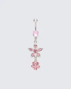 Dasha Pink Flower Dangle Belly Bar