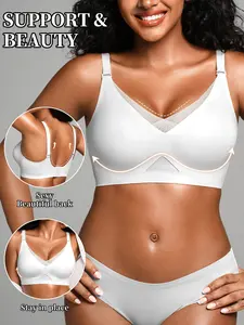 Women's V-Neck Mesh Bralette with Adjustable Straps, Medium Support, Plain Design, Fitted Lined Bra, Wireless Bra for All Seasons