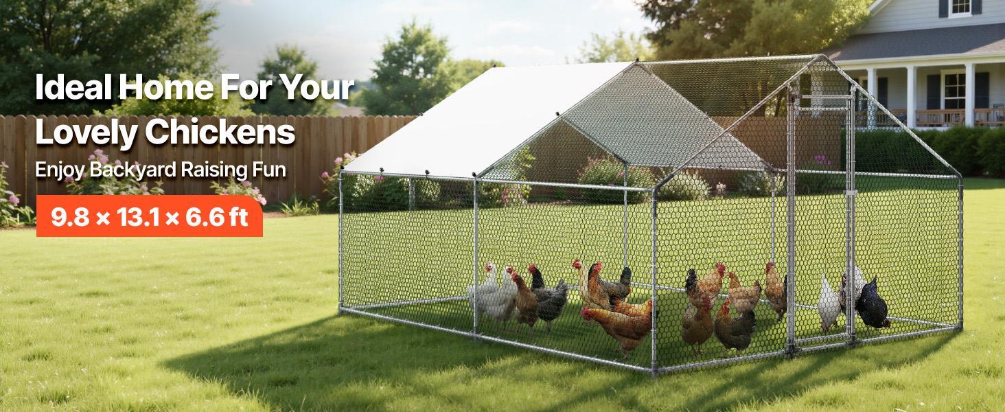VEVOR Large Metal Chicken Coop, 9.8 x 13.1 x 6.6 ft, Walk-in Chicken Runs with Waterproof Cover, Spire Roof Hen House Enclosure with Lock, Outdoor Duck Rabbit Cage Poultry Pen for Backyard, Farm, Yard