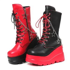 CELNEPHO Goth Platform Ankle Boots for Women Round Toe Chunky Wedge Heel Side Zipper Closure Side Zipper Closure Metal Chain Design Easy Pull on Party Cosplay Gift Dress Shoes