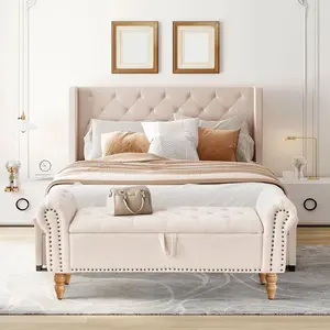 Furniliving 51" Storage Benches, End of Bed Bench with Button-Tufted Large Upholstered Storage Ottoman Linen Window Bench with Storage Shoe Cabinet Bench, for Bedroom, Entryway, Closet, Beige