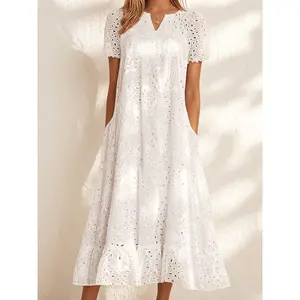 Women's Floral Lace Midi Dress with Ruffle Hem| Notch Neck Short Sleeve Tunic Dress with Pockets| Summer Eyelet Dress  women dresses for summer