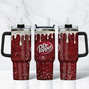 Dr Pepper Tumbler With Handle Straw 40oz Stainless Steel, Red Sparkle Drink Cup, Drip Cream Aesthetic Mug , Insulated Straw Travel Cup, Cute Beverage Lover Gift , Trendy Drinkware , Viral Glitter Cup , Gift Idea For Her Him