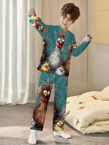 Funny Rooster All-over Print 2-piece Set, Print Sleepwear: Boys' Digital Print Long-sleeve Pajamas and Long Sleep Pants, made of flame-retardant fabric, comfortable and soft, suitable for sleeping and home leisure, 100% polyester