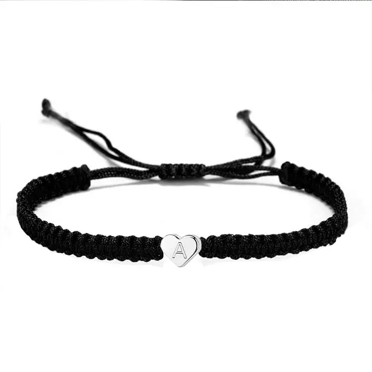 Trendy European and American Style Black Rope Heart 26 Letter Bracelet Handmade Woven Heart Rope Exquisite Peach Heart Couple Jewelry