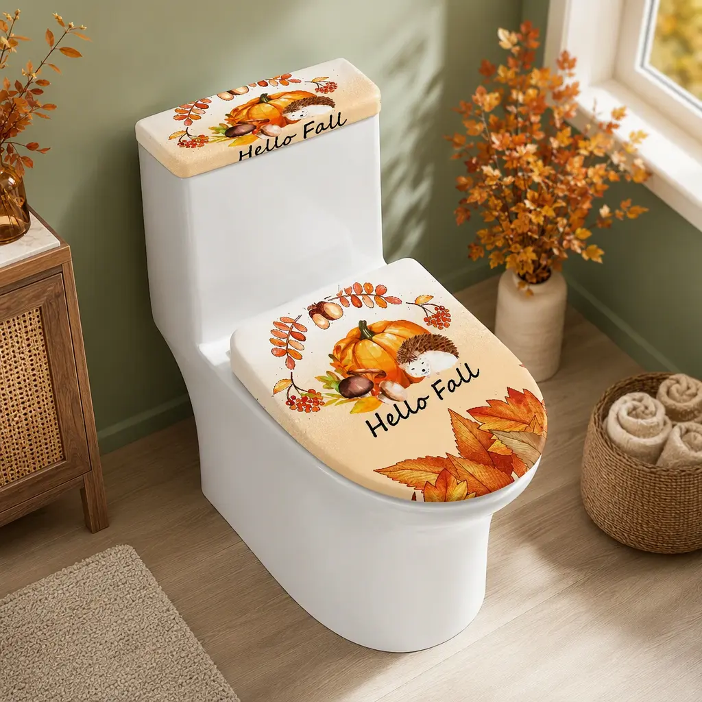Thanksgiving Fall-Themed Polyester Toilet Seat Cover Set (2 Pack) - Soft, Washable, Dustproof Decorative for Home Renters/Dorms - Fits Most Round/Elongated Toilets, Ideal for Autumn Cottagecore Bathroom Updates, Bathroom Decor Ideas