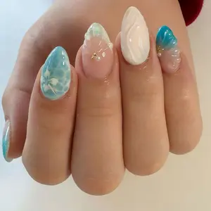 24pcs Short Almond Fake Nails, Sea Salt Blue Shell Water Wave Design, Reusable, Easy to Wear, Perfect for All Seasons, Includes Jelly Glue and Nail File