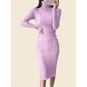 Womens Long Sleeve Turtleneck Sweater Dresses Knitted Bodycon Midi Sheath Jumper Dresses