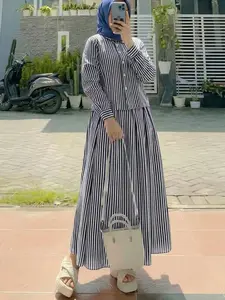 Women's Casual Striped Set, Button Front Long Sleeve Shirt + High Waist Skirt, Loose-Fitting, All Seasons, Ideal for Daily