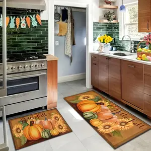 Thanksgiving Kitchen Mats Set of 2, Autumn Decor Pumpkin Carriage Non-Slip Washable Rugs, Seasonal Holiday Home Decoration