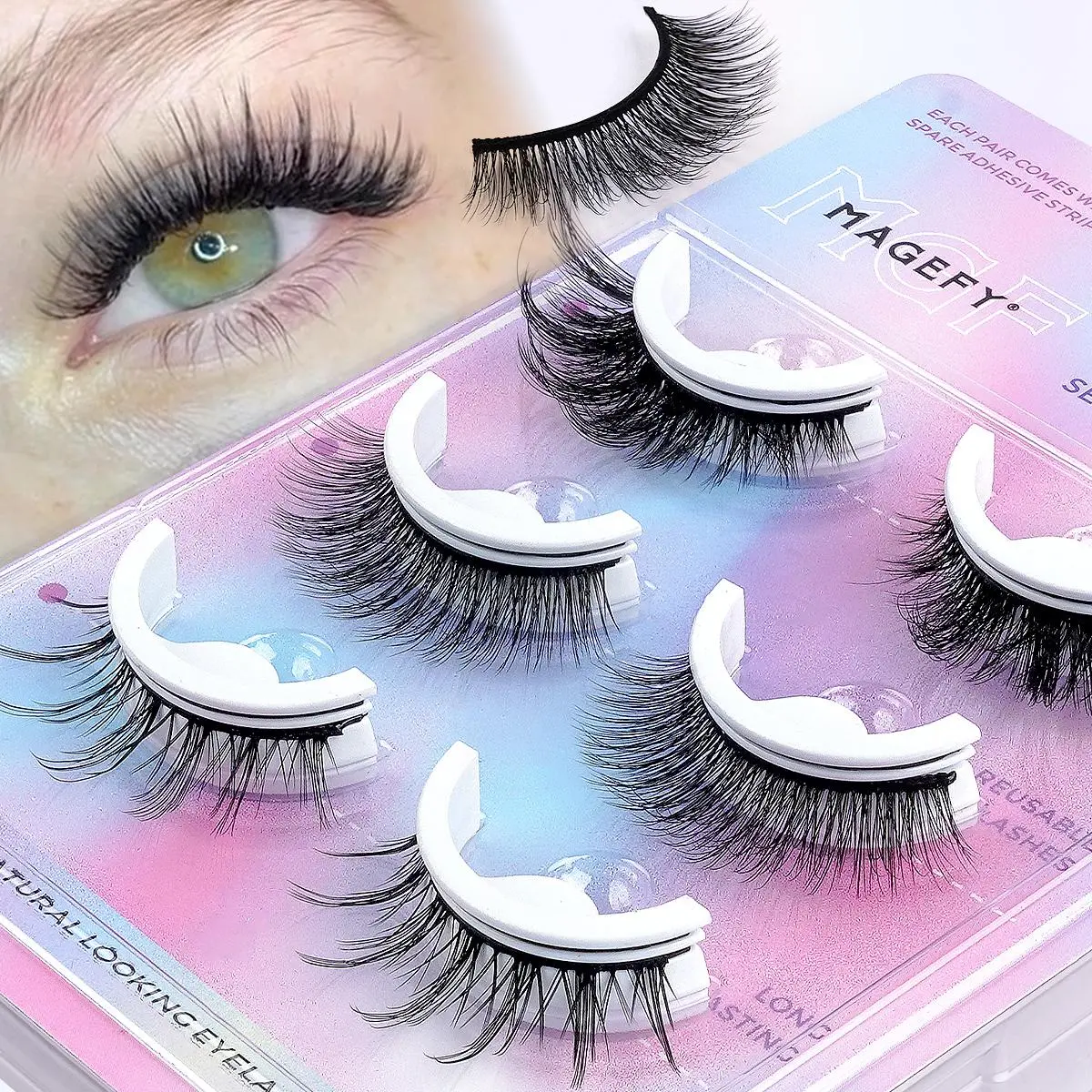 Self-adhesive False Eyelashes Set, Artificial Lashes, Wispy Lashes, Soft Natural Eyelash, 3 Pairs Lightweight Reusable Natural & Fluffy Lashes, Easy Application for Beginners
