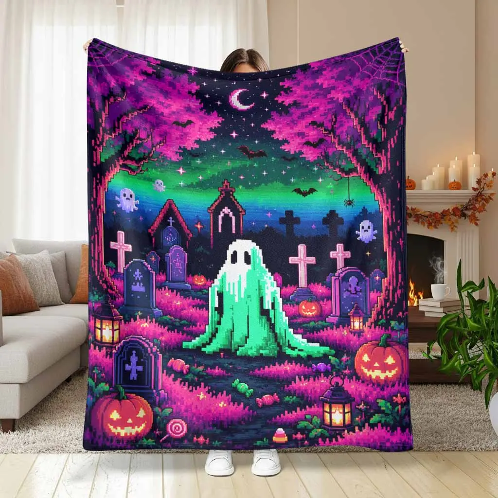 Pixel Art Cemetery Flannel Blanket Spooky Halloween Neon Glow Graphic Theme Ultra Soft Lightweight Breathable Cozy Texture Perfect For Bedroom Living Room Sofa Couch Travel Camping Holiday Gift Decor