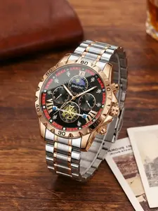 A men's new model with diamond accents, retro Roman numeral hour markers, three-eye design featuring day/night and celestial motifs, large Arabic numerals, multifunctional luminous and water-resistant quartz watch Quartz Waterproof Watch