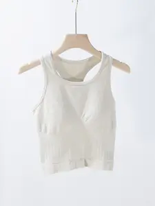 Summer Yoga Seamless Knit Criss Cross Back Bra Vest, Breathable Double Layer Ribbed Waist Training Sports Bra, Fixed Chest Cups