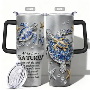 1pc, 40oz/30oz/20oz/14oz Stainless Steel Cup, Stainless Steel Tumbler Sea Turtle & Starfish Double Wall Vacuum Insulated Cup, Leakproof Lid & Carry Handle Travel Mug for Outdoor Camping Hiking, Gift for Dad, Mom, Bro