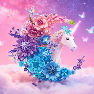 Unicorn Crescent Moon Flower Building Set, Starry Night Botanical Decor for Table & Wall, Unique Adult Gift & Home Decoration
