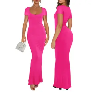 REORIA Women's Sexy Scoop Neck Lounge Long Dress Elegant Short Sleeve Ribbed Bodycon Maxi Dresses Casual Womenswear