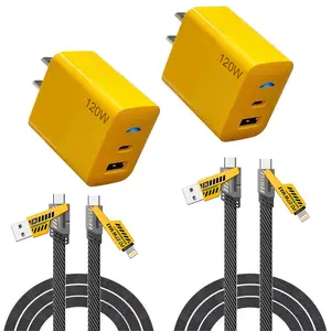 2-Pack Multiple Ports USB C/USB A Fast Charger Adapter with 4-in-1 USB C Cable 5FT Fast Charging Cord, Supports Up to 120W, Compatible with iPhone17/16/15/14/13/12/Pro Max iPad Samsun