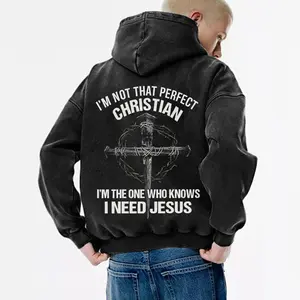 Men's Christian Hoodie, 100% Cotton "I Need Jesus" Graphic Back Print, Vintage Washed Faith Pullover