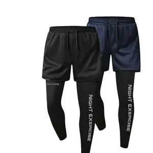 Men’s two-piece faux two-layer athletic pants set for summer, featuring breathable mesh quick-dry fabric, high stretch tight fit to prevent exposure, side letter print, versatile pants suitable for running, fitness training, and everyday wear.