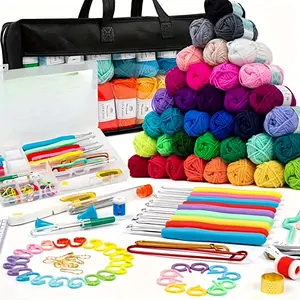 113pcs Beginner Crochet Tool Set with Thread Needle Ergonomic Portable Kit Teaching Guide Video Tutorial Random Colors Included